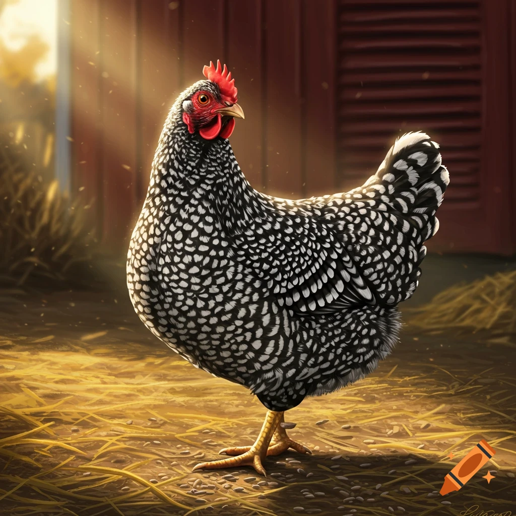 A detailed photorealistic speckled hen stands on hay in a sunlit barn.
