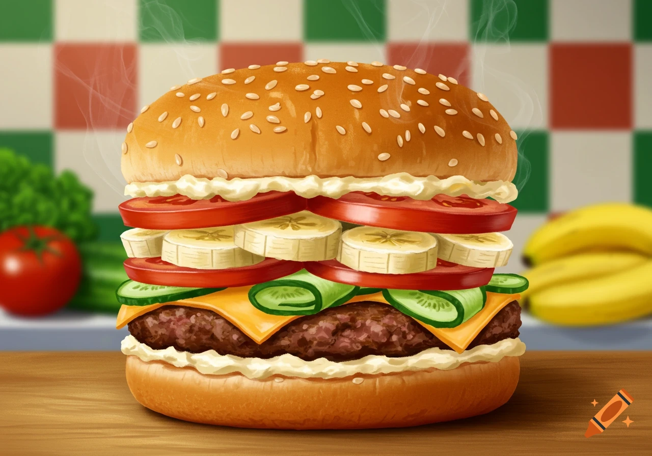Illustrated hamburger with beef, cheese, cucumber, tomato, and banana slices, steaming on a wooden table with a checkered background.