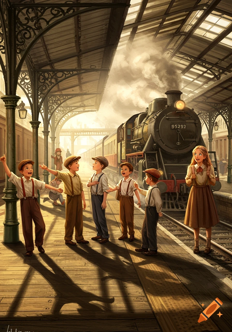 Illustrated scene of children on a train station platform, a steam train releasing smoke in the background.