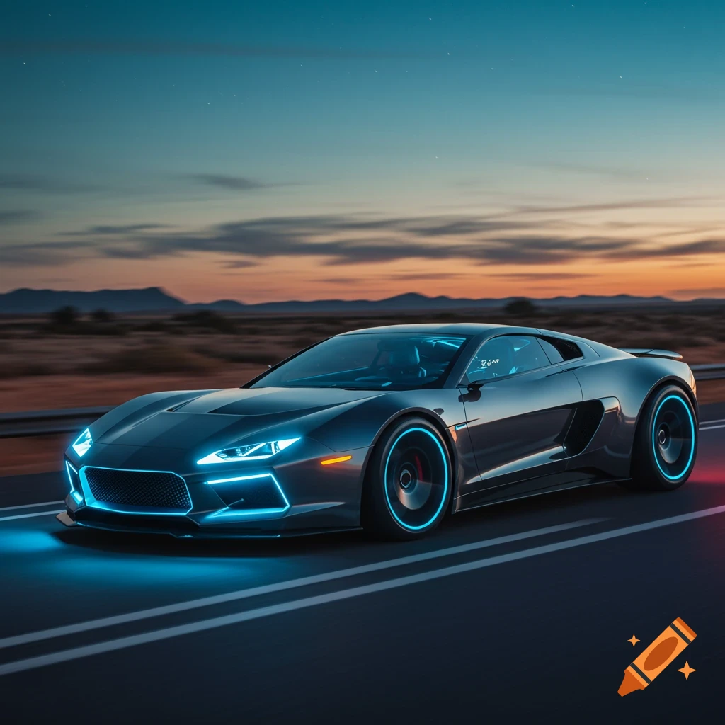 A sleek grey futuristic sports car with glowing blue lights drives on a highway at dusk, with mountains in the background.