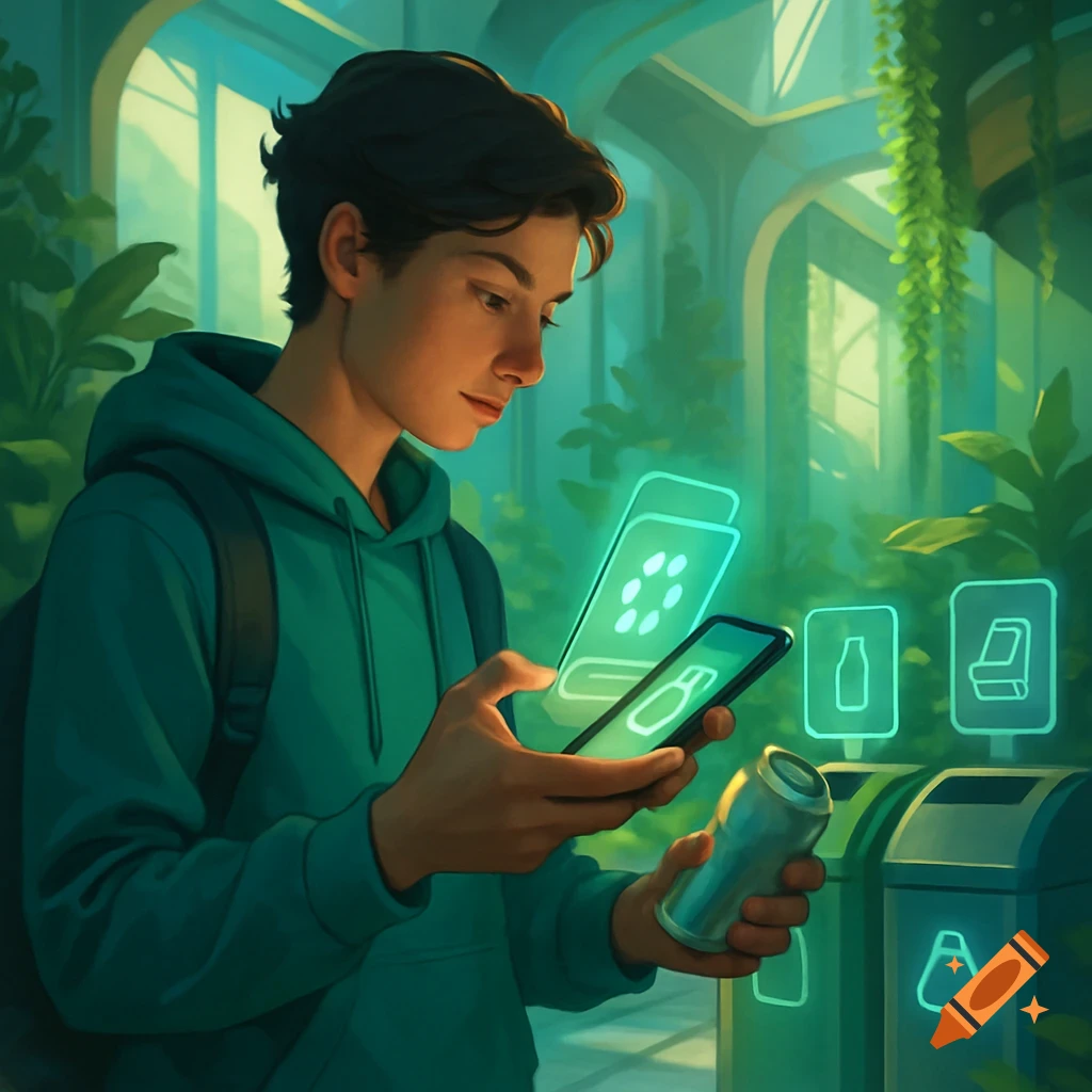 A young man in a green hoodie uses a glowing mobile app to scan a soda can for recycling in a futuristic, plant-filled environment.