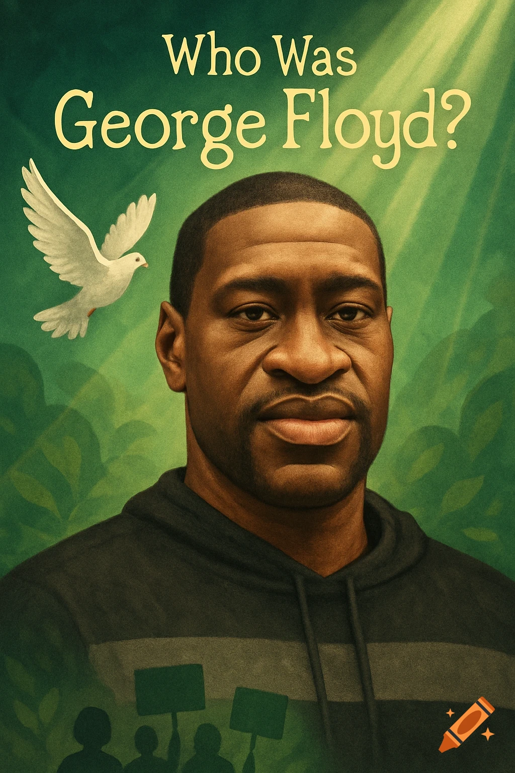 Illustrative portrait of George Floyd, a white dove, and protestor silhouettes under the title 'Who Was George Floyd?'
