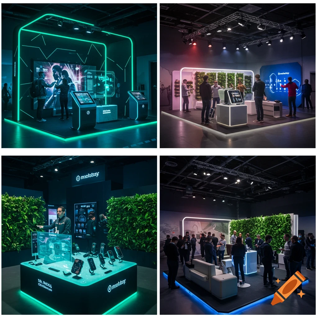 A collage of four photos showing modern tech exhibition booths with people interacting with glowing screens and displays.
