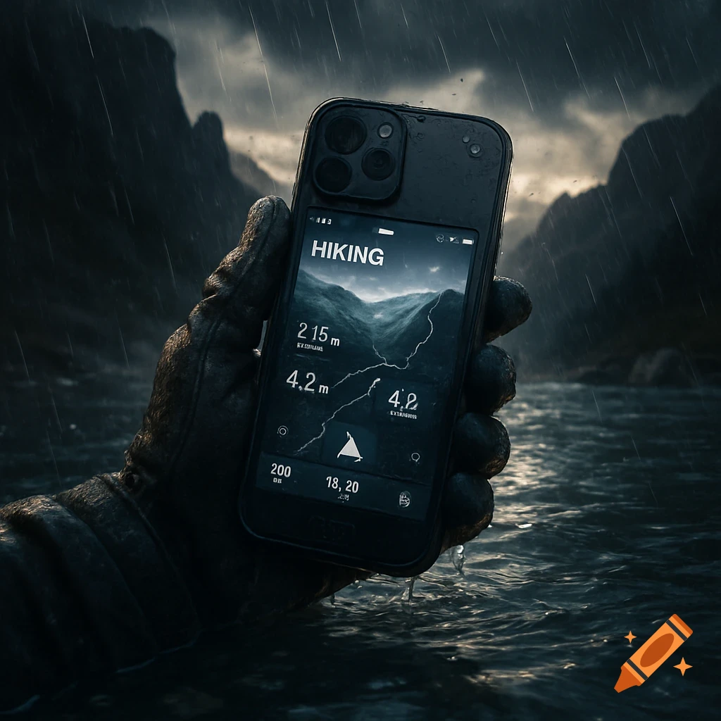 A gloved hand holds a smartphone displaying a hiking app, half-submerged in water against a dramatic, rainy mountain backdrop.