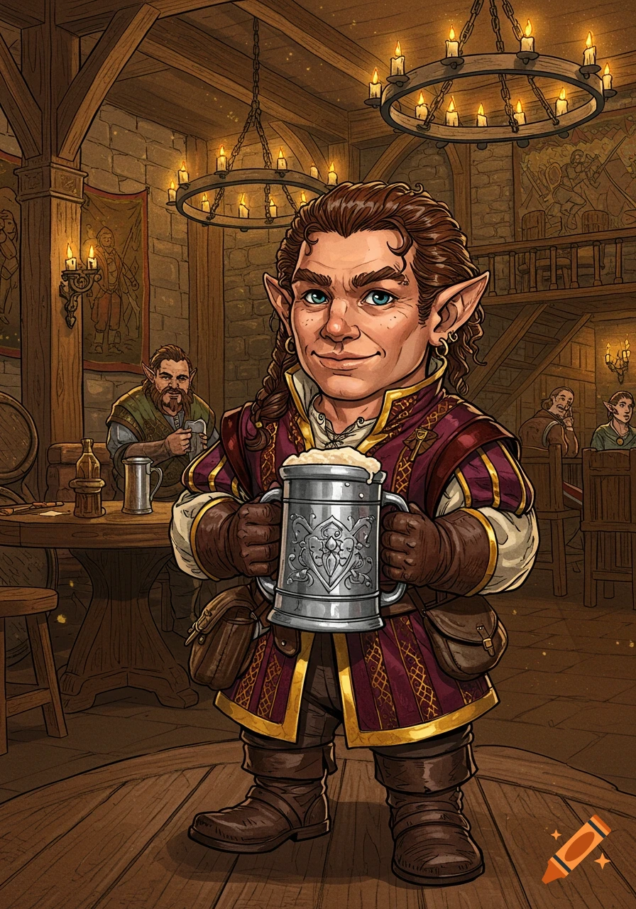 A smiling, stout fantasy character with braided hair and pointy ears holds a frothy silver tankard in a warm, wood-beamed tavern.
