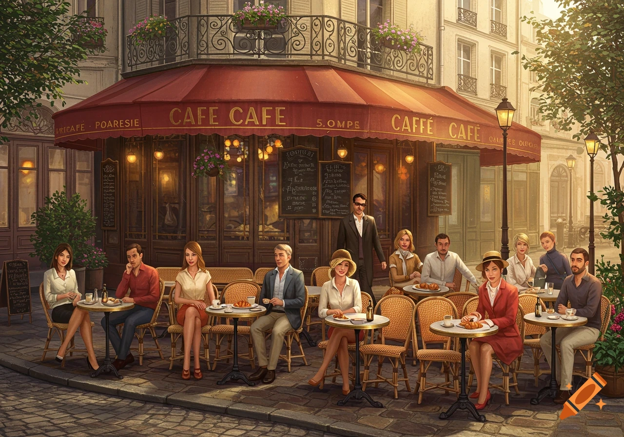 An outdoor French cafe scene with several people sitting at tables on a ...