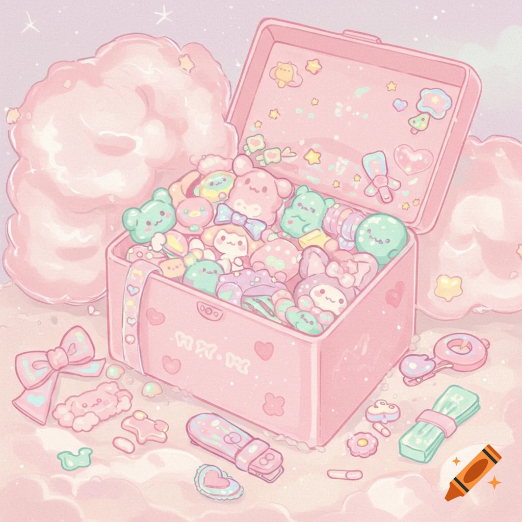 A pastel pink kawaii box overflowing with cute, colorful accessories and surrounded by fluffy pink clouds.