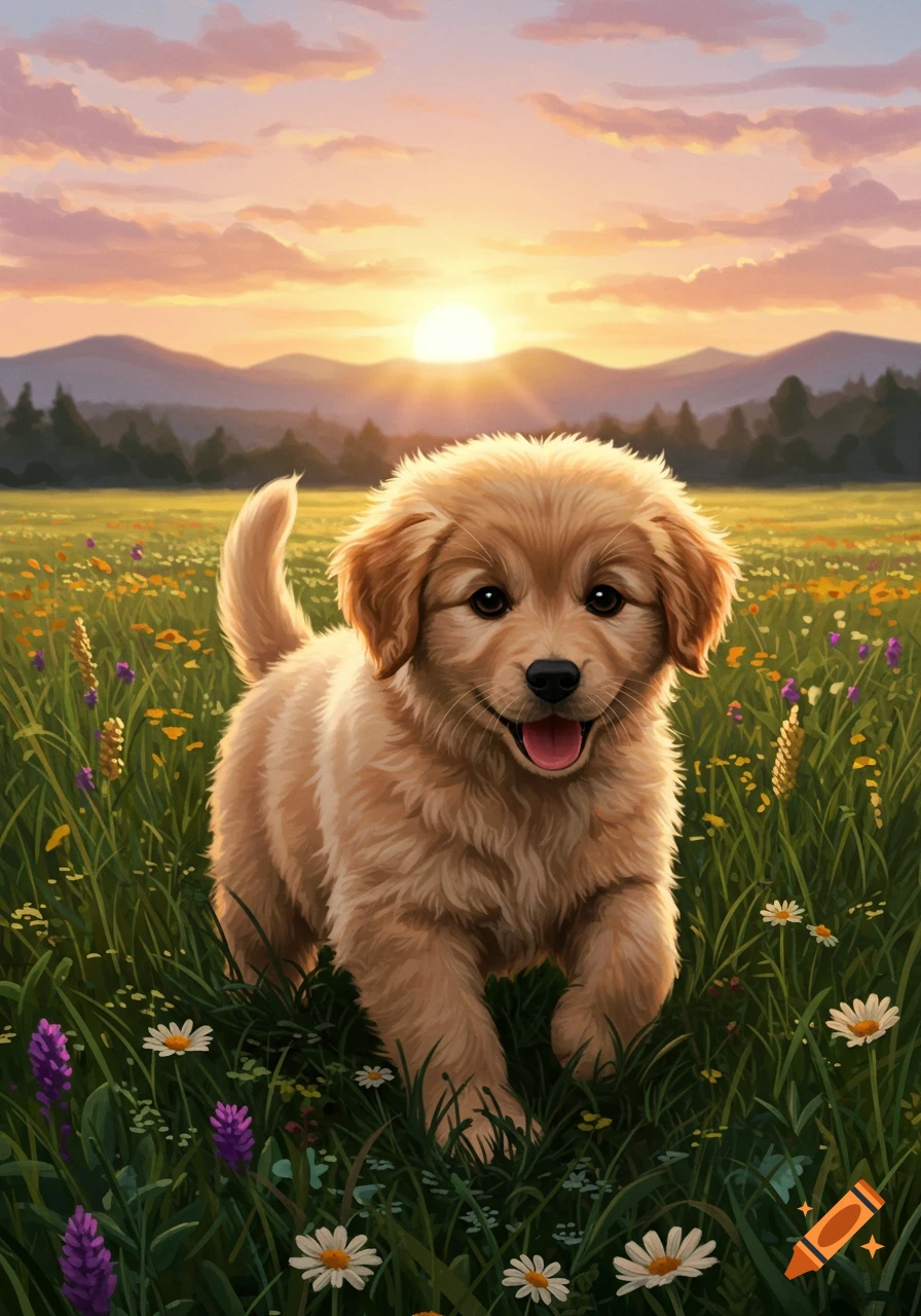 A happy golden retriever puppy stands in a field of wildflowers during ...