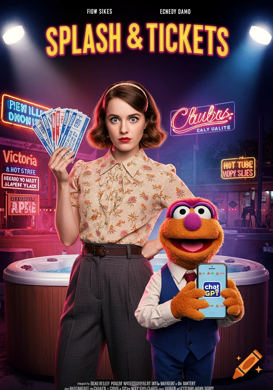 A movie poster showing a woman in vintage clothing holding tickets and an orange muppet holding a phone with "Chat GPT" on its screen, with neon signs and hot tubs in the background.