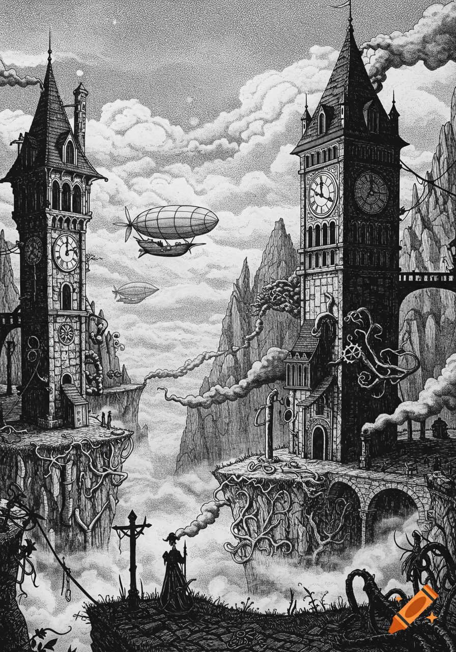 Monochromatic steampunk fantasy landscape with ornate clock towers on cliffs, airships, and a cloaked figure.