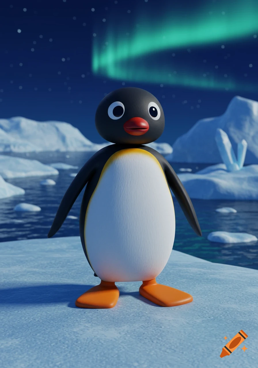 3D rendering of Pingu, the cartoon penguin, standing on ice in an arctic landscape under a vibrant green aurora borealis.