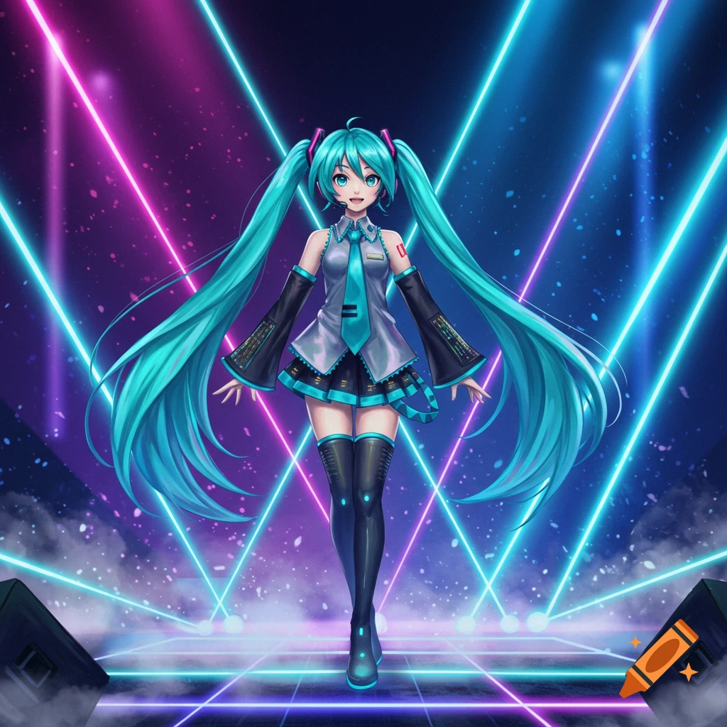 Hatsune Miku stands on a stage with glowing blue and pink neon lights, in an anime art style.