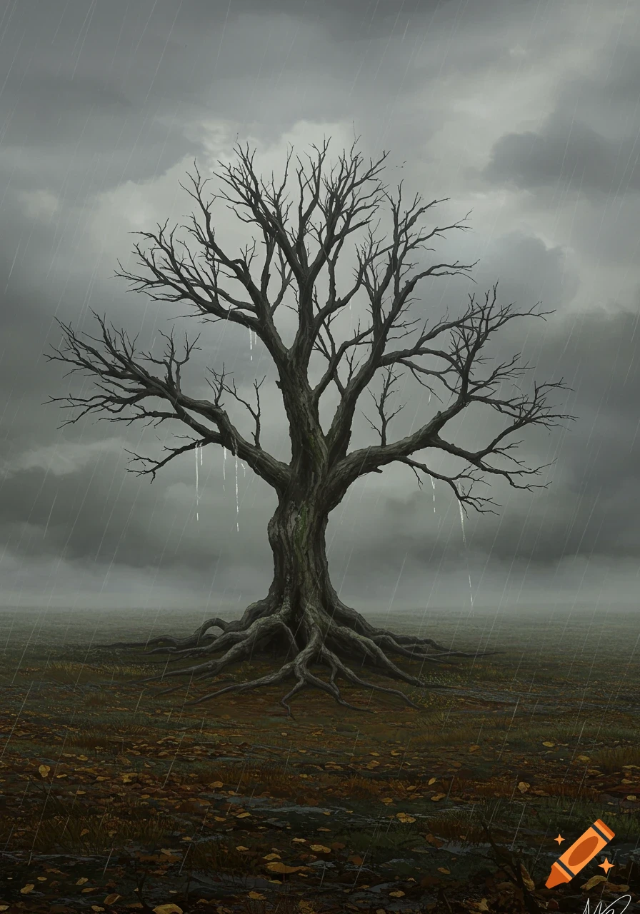 A gnarled, bare tree with exposed roots stands in a desolate field under a dark, rainy, cloudy sky. Illustration.
