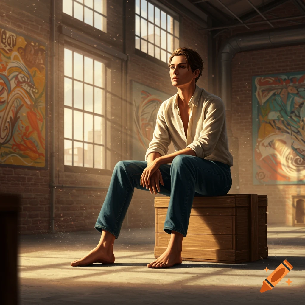 A person with short hair sits barefoot on a wooden crate in a sunlit art studio with large windows and abstract paintings.