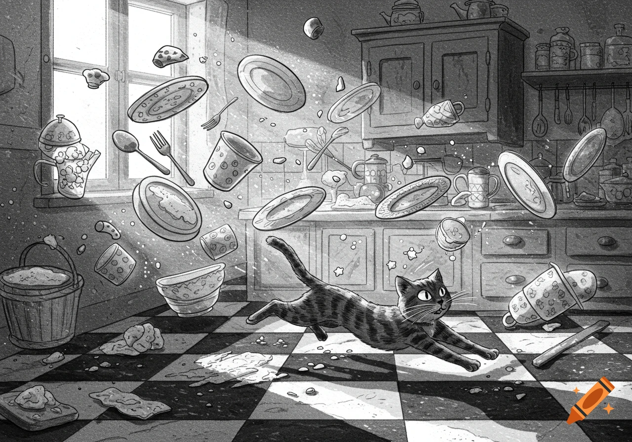 A mischievous tabby cat leaps through a chaotic kitchen, sending dishes and utensils flying in a black and white illustration.
