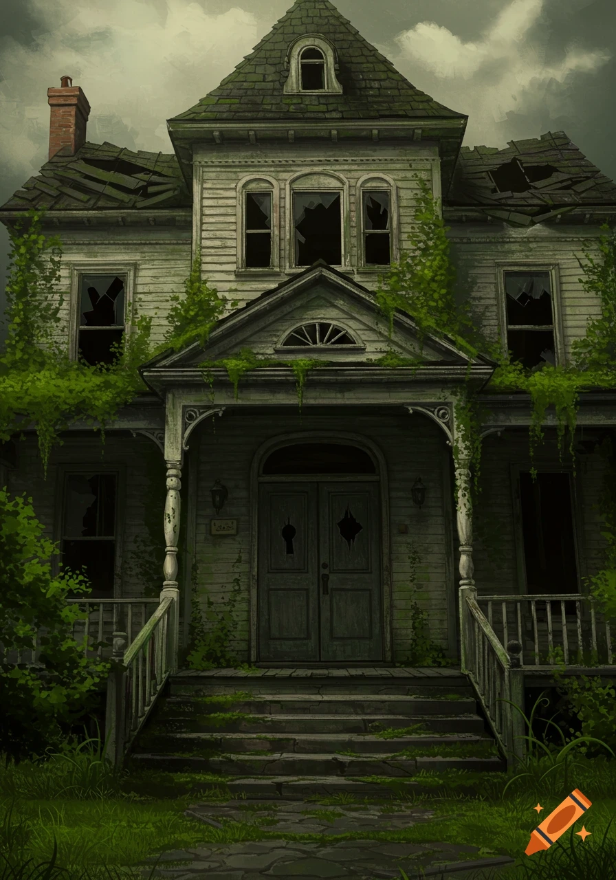A dilapidated, vine-covered Victorian house with broken windows and a cracked roof under a stormy sky.
