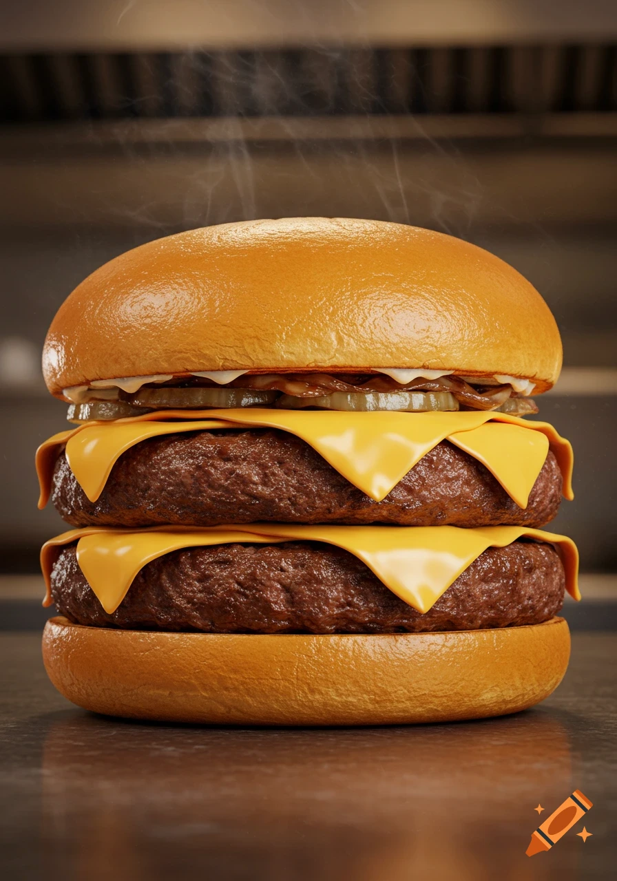 Close-up, photorealistic shot of a steaming double cheeseburger with melted cheddar, caramelized onions, and pickles.