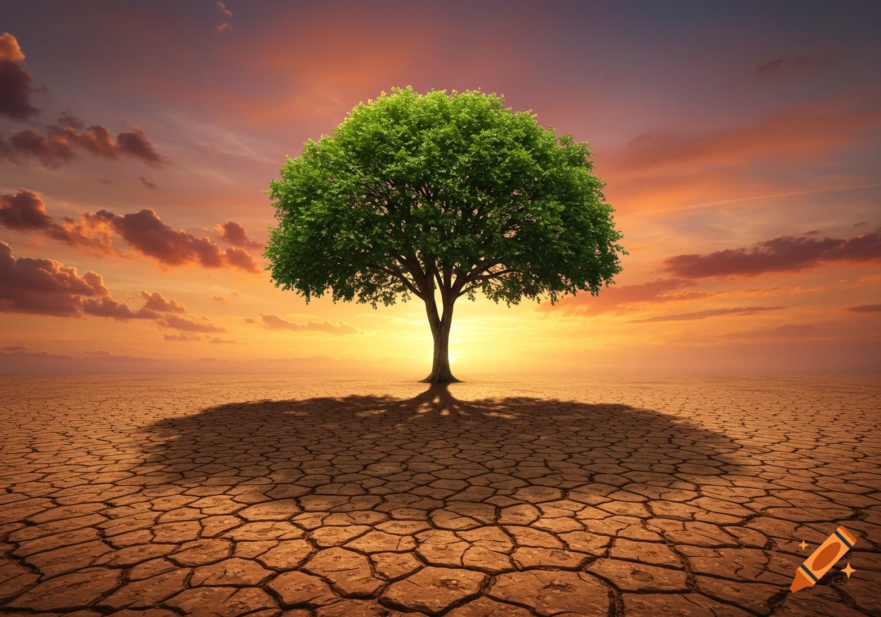 A solitary green tree stands in a cracked, arid desert under a vibrant orange and purple sunset.