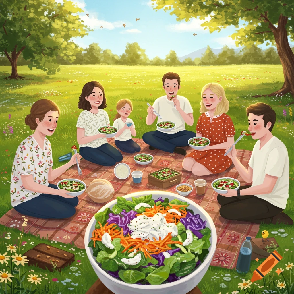 An illustration of a family having a picnic with a large salad bowl in a sunny park.