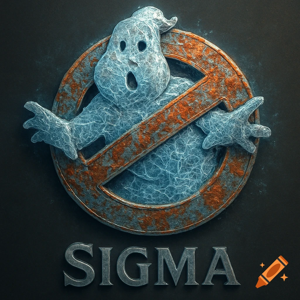 A stylized Ghostbusters logo featuring an icy blue ghost breaking through a rusty red 'no' symbol, with metallic 'SIGMA' text below.