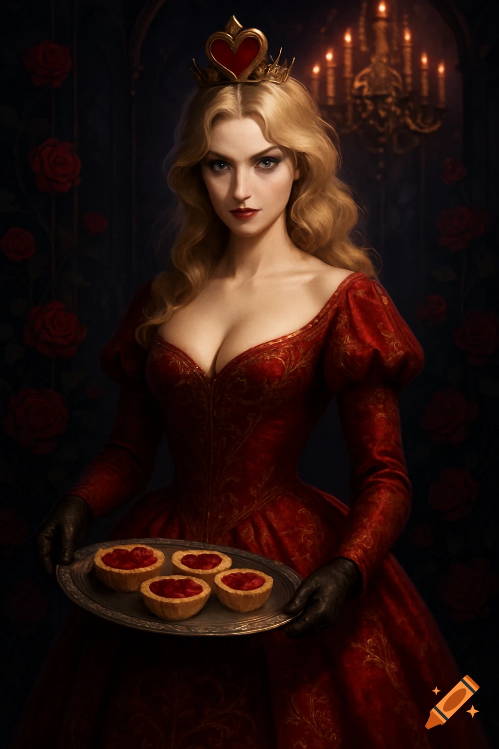 Blonde woman in a red Victorian dress and a heart crown, holding a tray of tarts, against a dark background with roses and a chandelier.