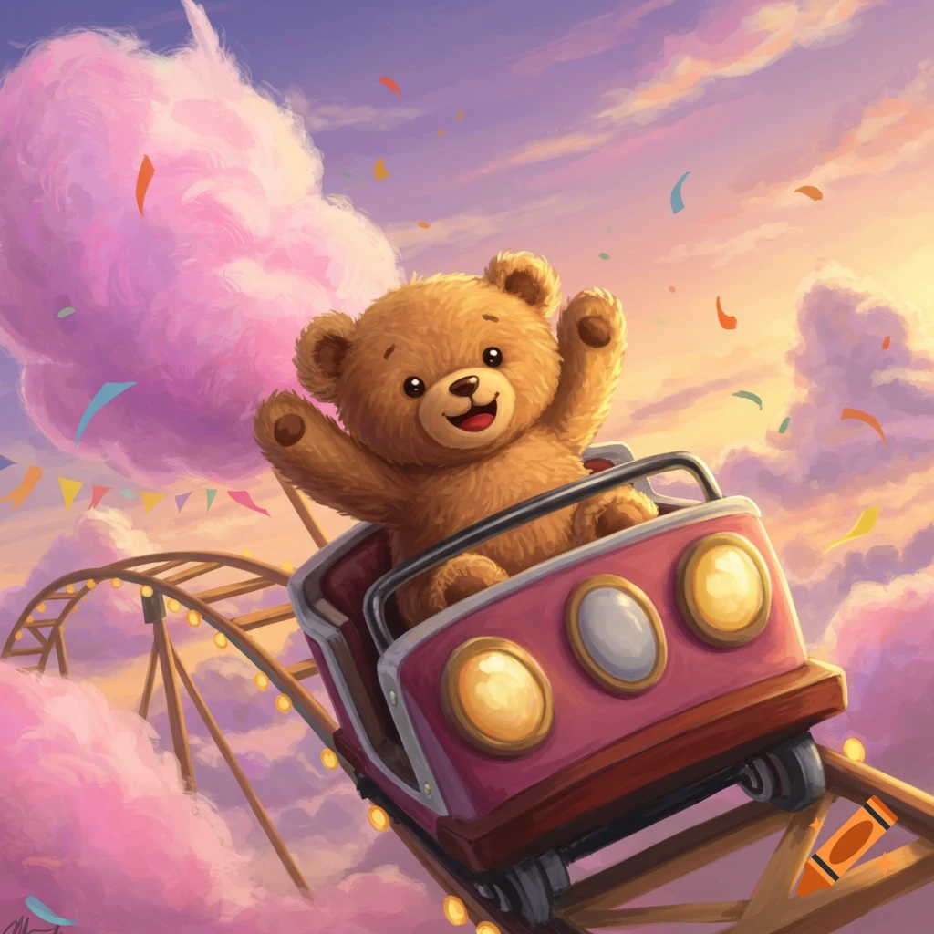 A happy brown teddy bear with arms raised rides a pink roller coaster car through a whimsical sky with pink cotton candy clouds and confetti.