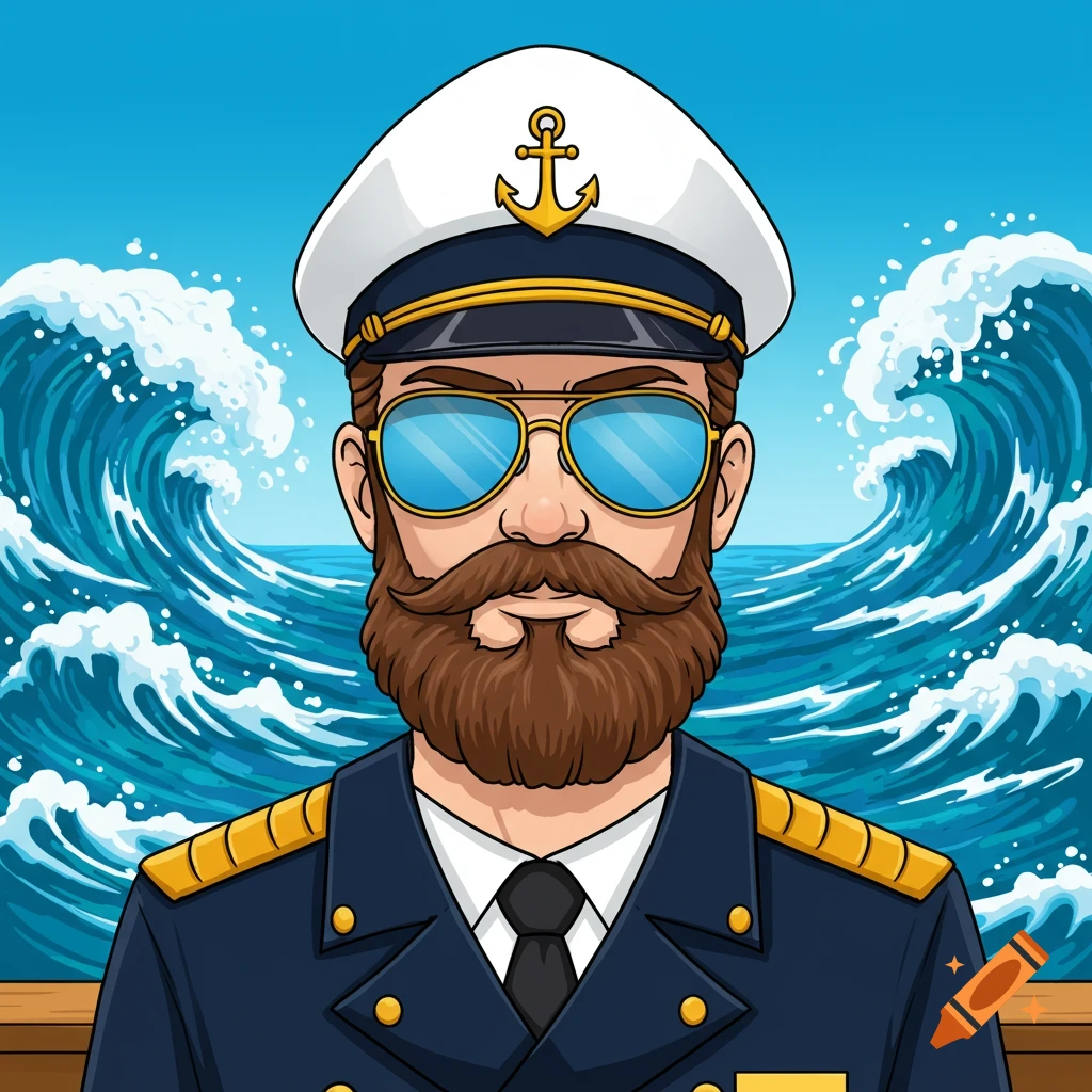 A cartoon ship captain with a brown beard and mustache, wearing sunglasses and a captain's hat, standing in front of blue ocean waves.