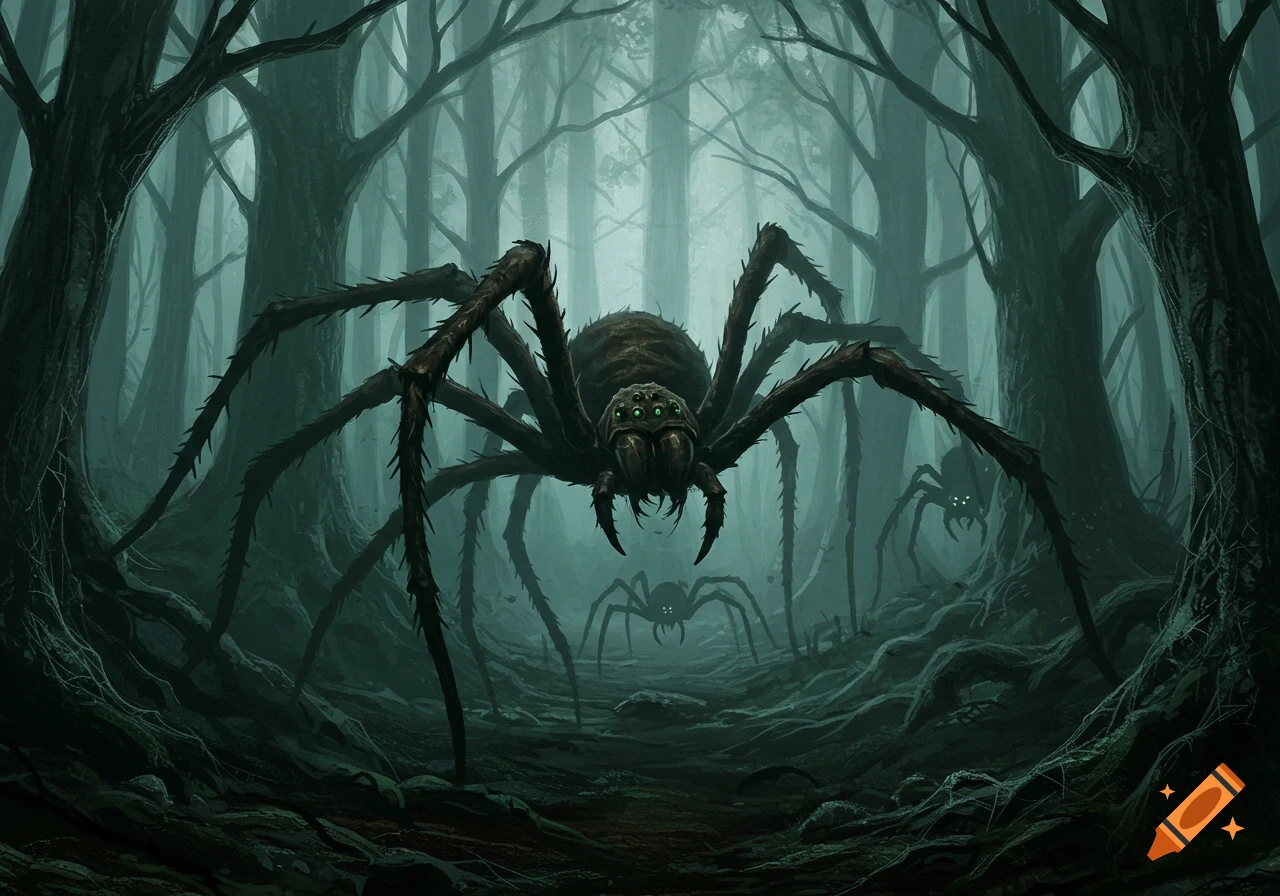 Huge, menacing spiders with glowing green eyes lurk in a dark, misty, spooky forest. Fantasy art style.