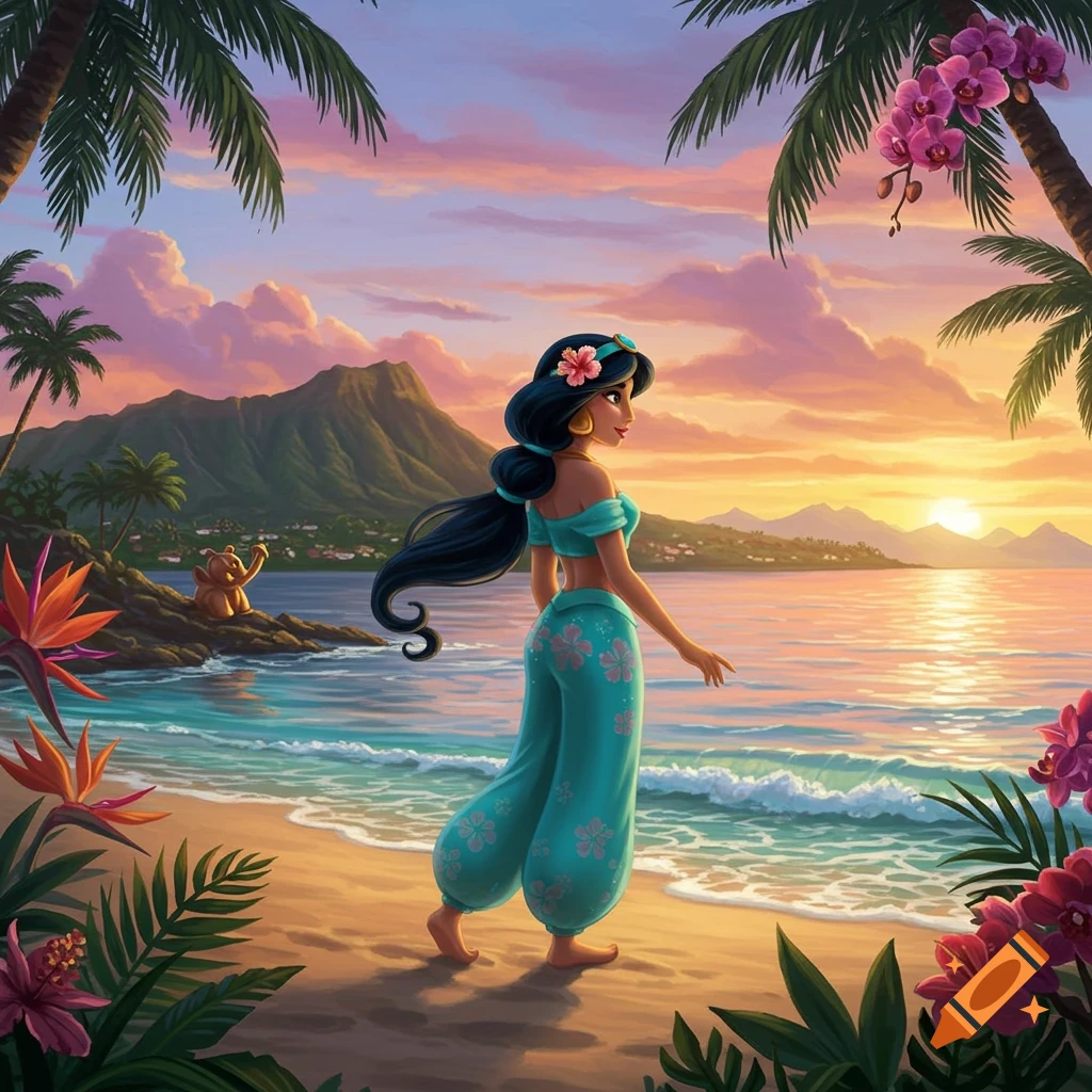Princess Jasmine walks on a tropical beach at sunset, with palm trees, mountains, and flowers, rendered in a colorful digital art style.