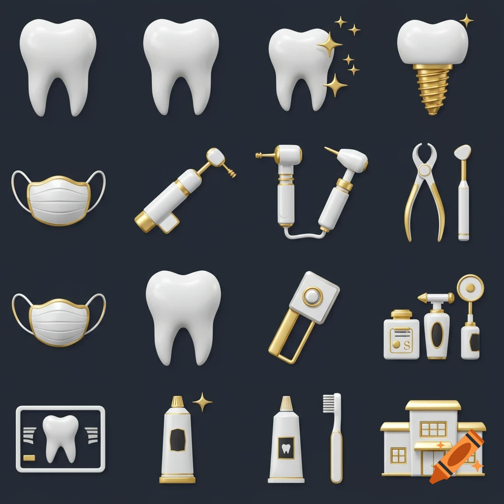 A collection of 3D rendered white and gold luxury-style dental icons, including teeth, tools, masks, and a clinic.
