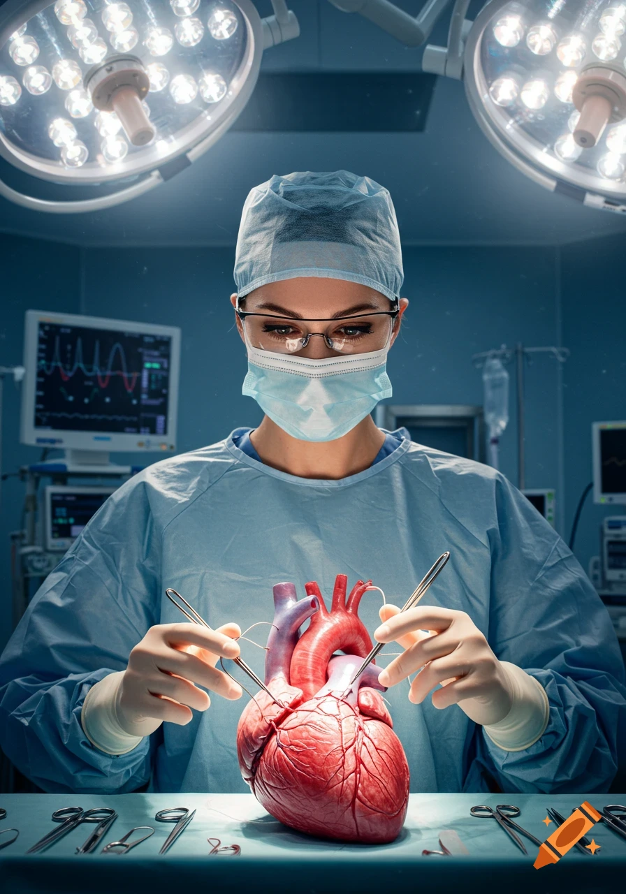 A female surgeon in scrubs and mask performs intricate surgery on a realistic human heart model under bright operating room lights.