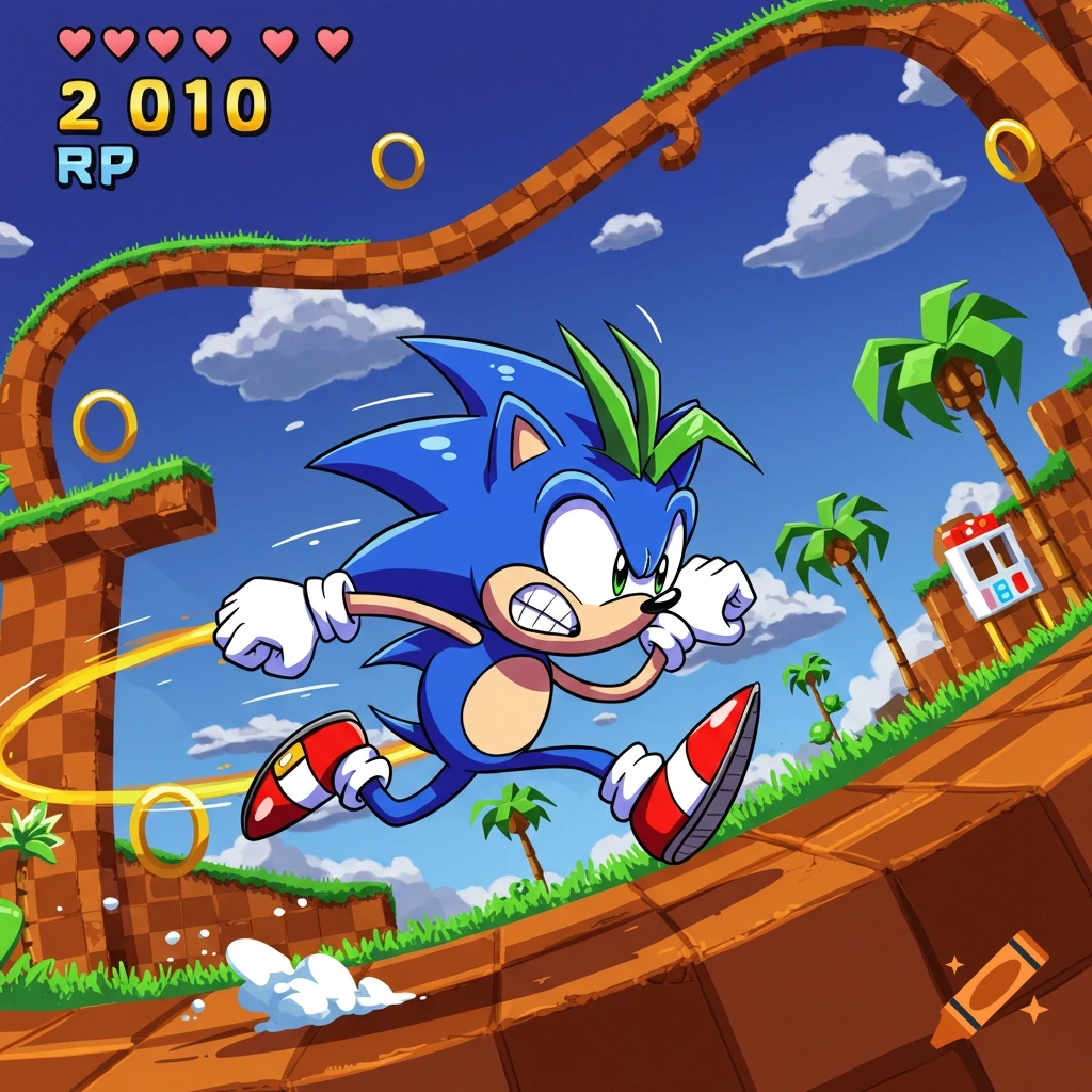 A distorted blue hedgehog character, Sanic, with green hair, runs furiously through a classic video game level with rings and palm trees. Cartoon style.