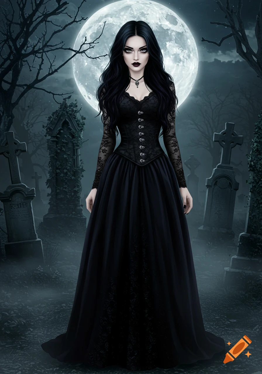 A goth girl with long black hair, dark makeup, and a black lace dress and corset stands in a misty cemetery under a full moon.