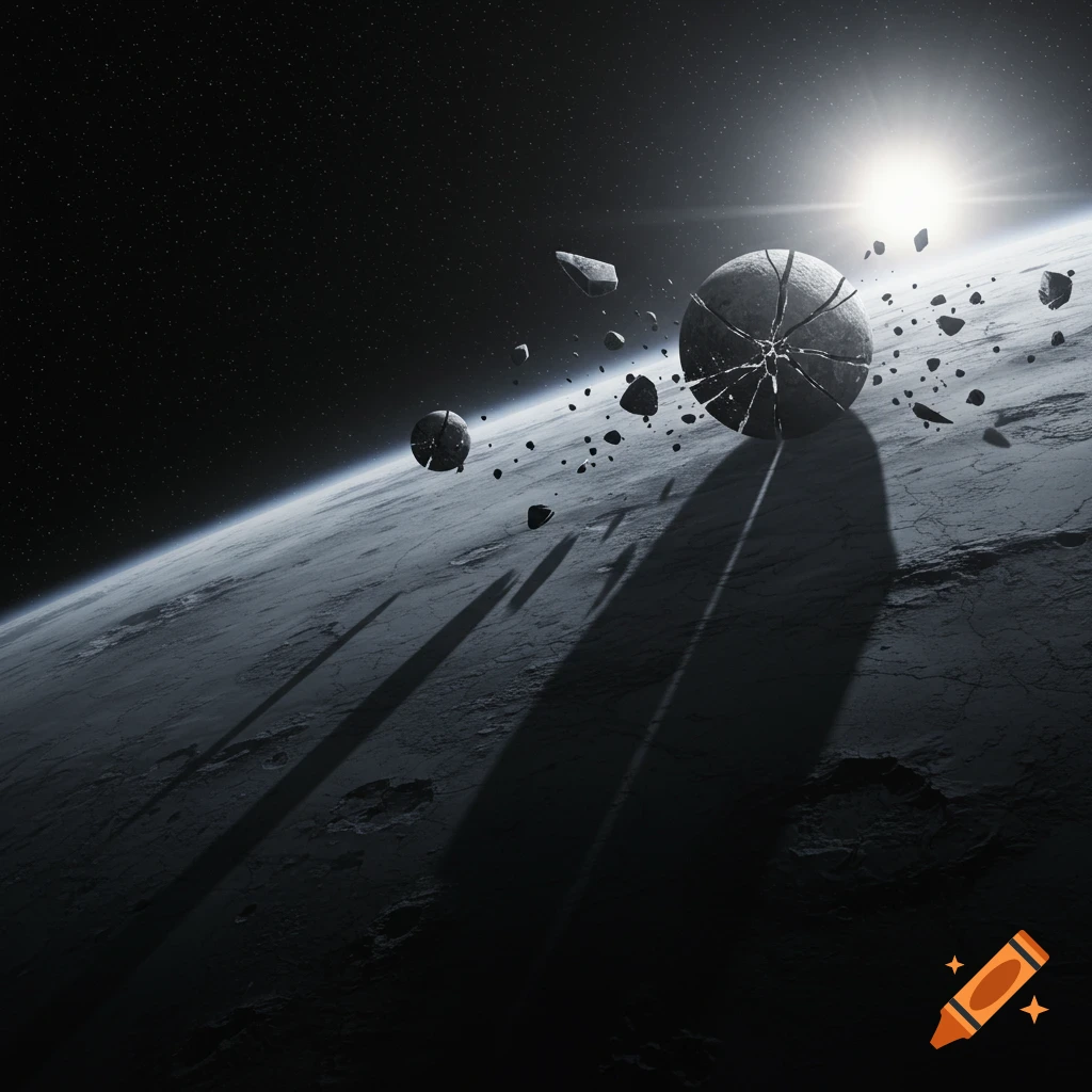 A broken, fractured moon casts long shadows across a barren planet from orbit, illuminated by a distant sun in a dark, starry space.