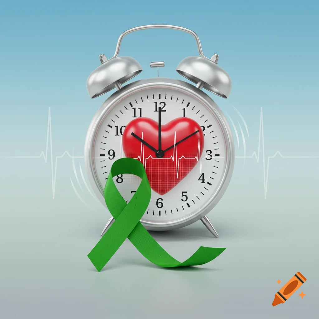 An analog alarm clock with a red heart on its face, overlaid with an ECG line. A green awareness ribbon is at the base against a blue background.