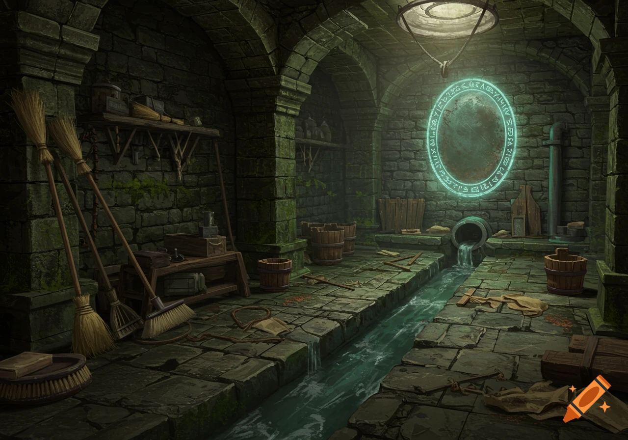 A detailed fantasy art piece of a gloomy stone dungeon room with a glowing runic portal, a water channel, old brooms, and wooden buckets.