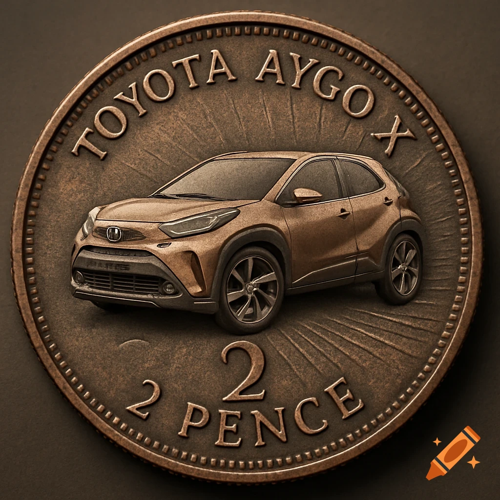 A bronze-toned coin features a photorealistic Toyota Aygo X car in its center, with "TOYOTA AYGO X" embossed at the top and "2 2 PENCE" at the bottom.