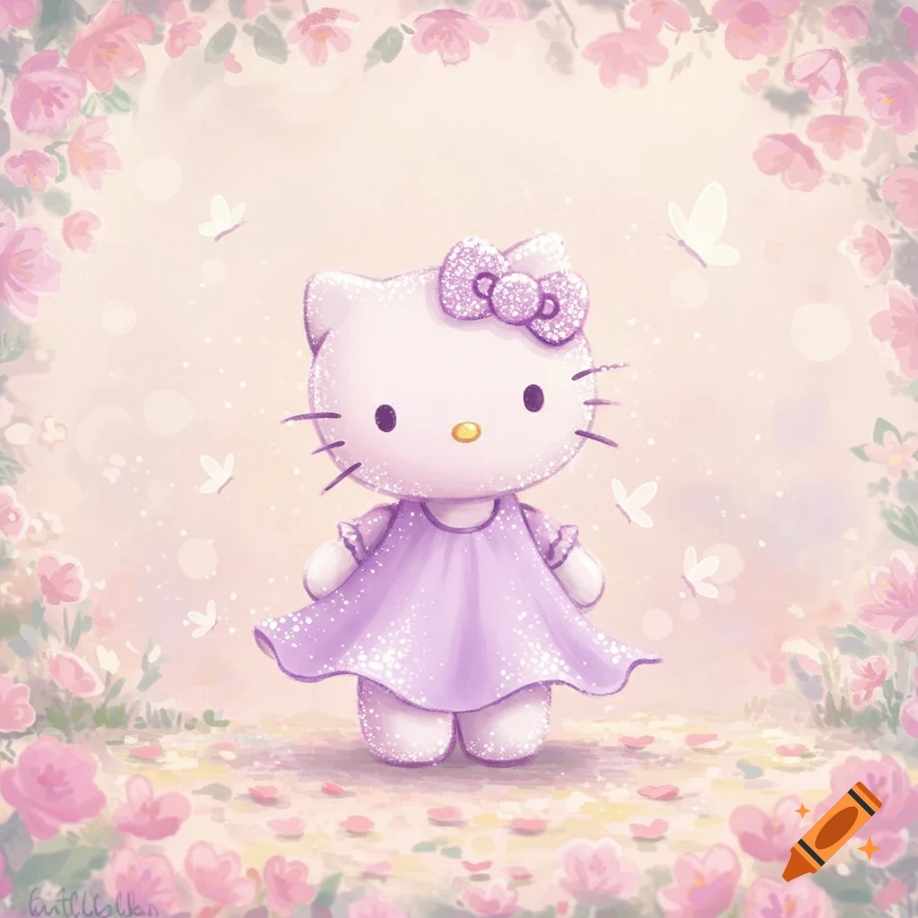 A cute, sparkly Hello Kitty in a purple glitter dress stands among pink flowers and butterflies in a pastel, dreamy illustration.