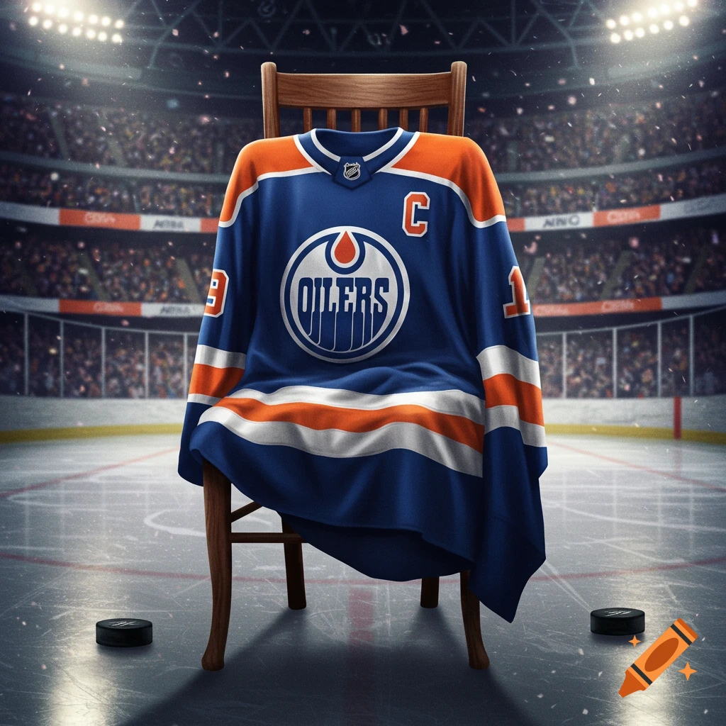 An Edmonton Oilers hockey jersey draped over a wooden chair on an ice rink in a brightly lit stadium with two pucks.
