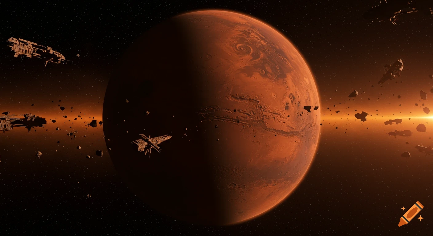 A detailed view of the planet Mars with various spaceships and debris floating in the dark, star-filled space, bathed in an orange glow.