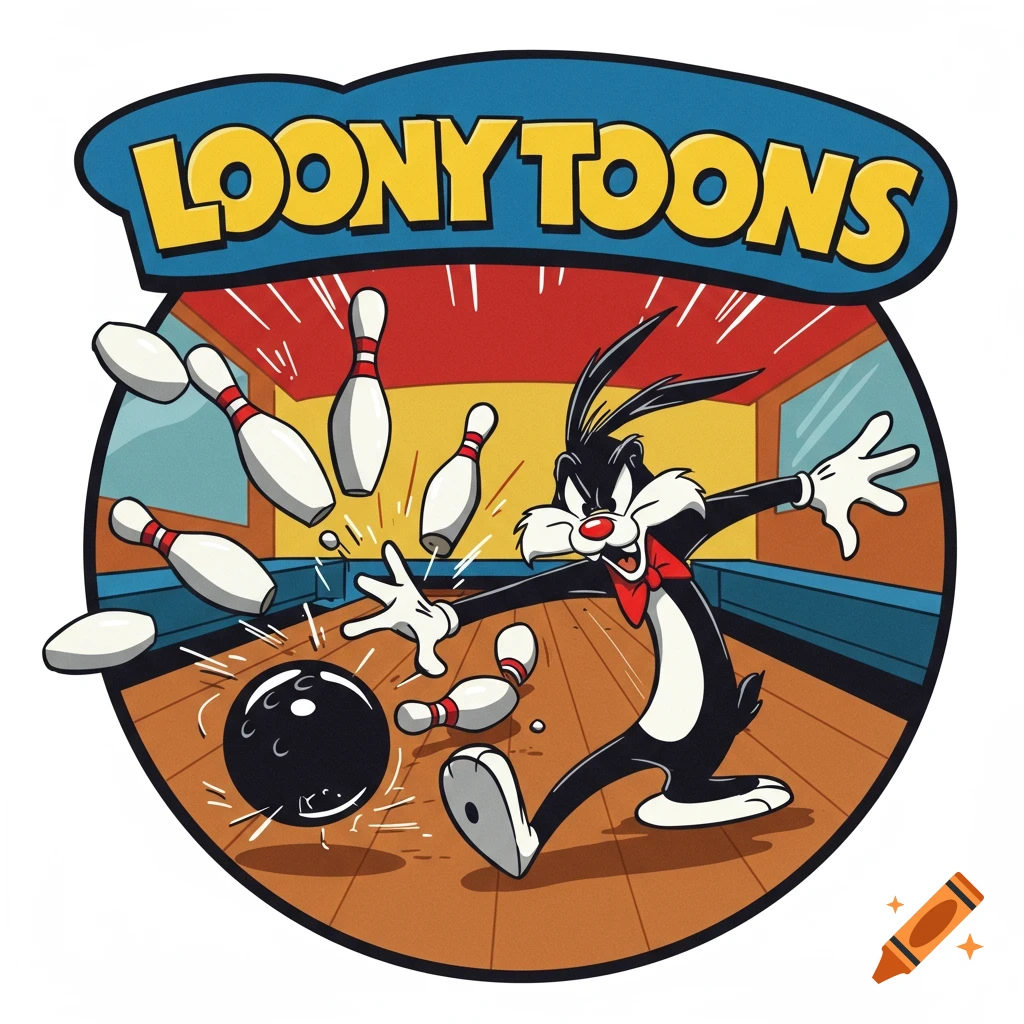 Cartoon Sylvester the Cat bowling, sending pins flying, in a circular Loony Toons logo.