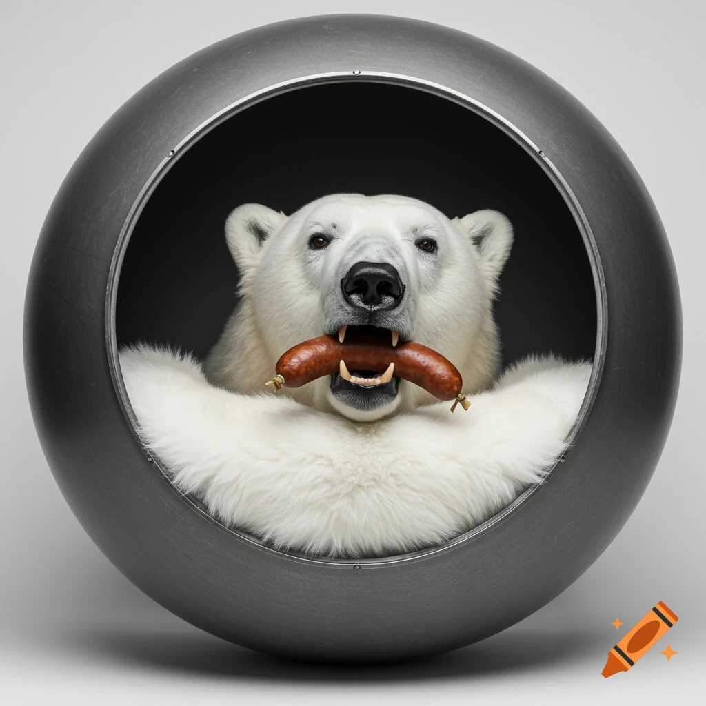 Photorealistic polar bear head with open mouth holding a sausage, lying on white fur inside a grey spherical pod.