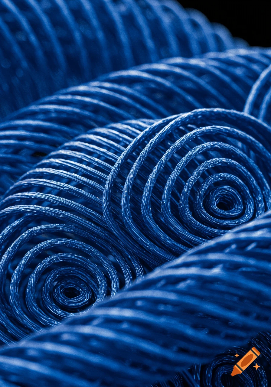 Close-up of numerous blue, textured coils, resembling wires or filament, arranged in wavy rows with varying depths.