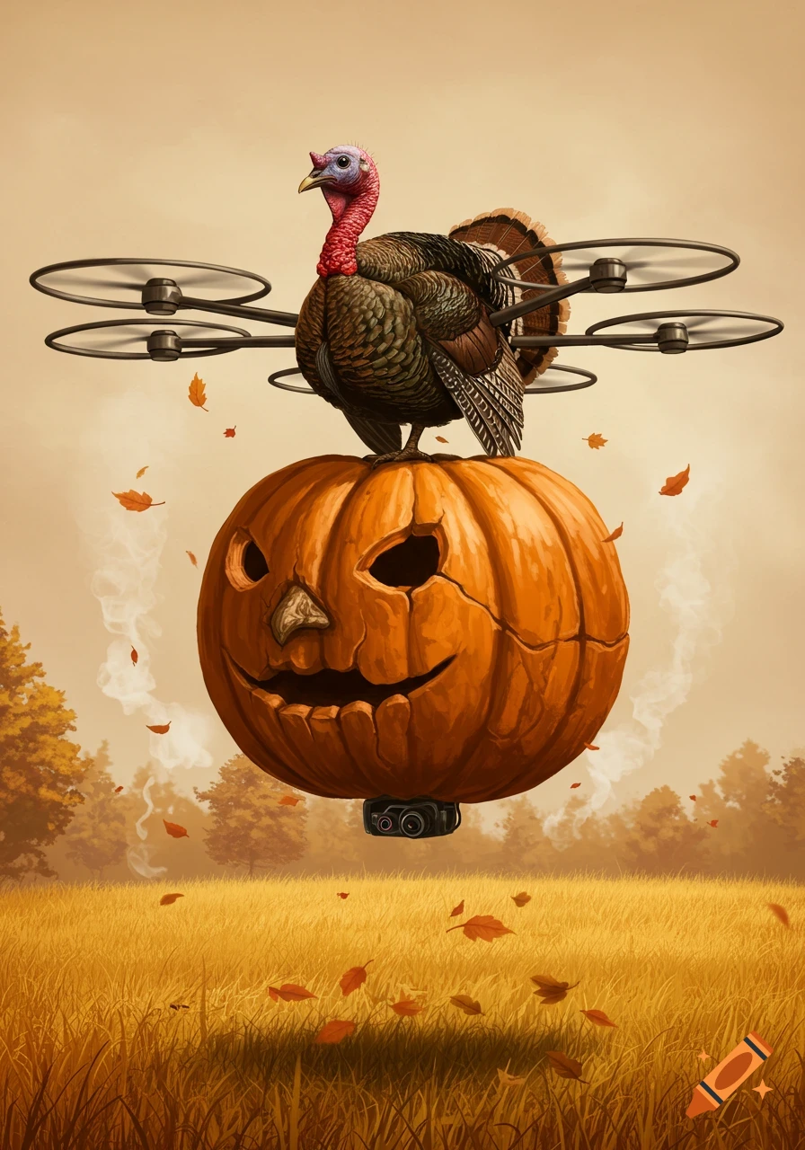 A turkey with drone propellers on its back stands on a hovering jack-o'-lantern over an autumnal field.