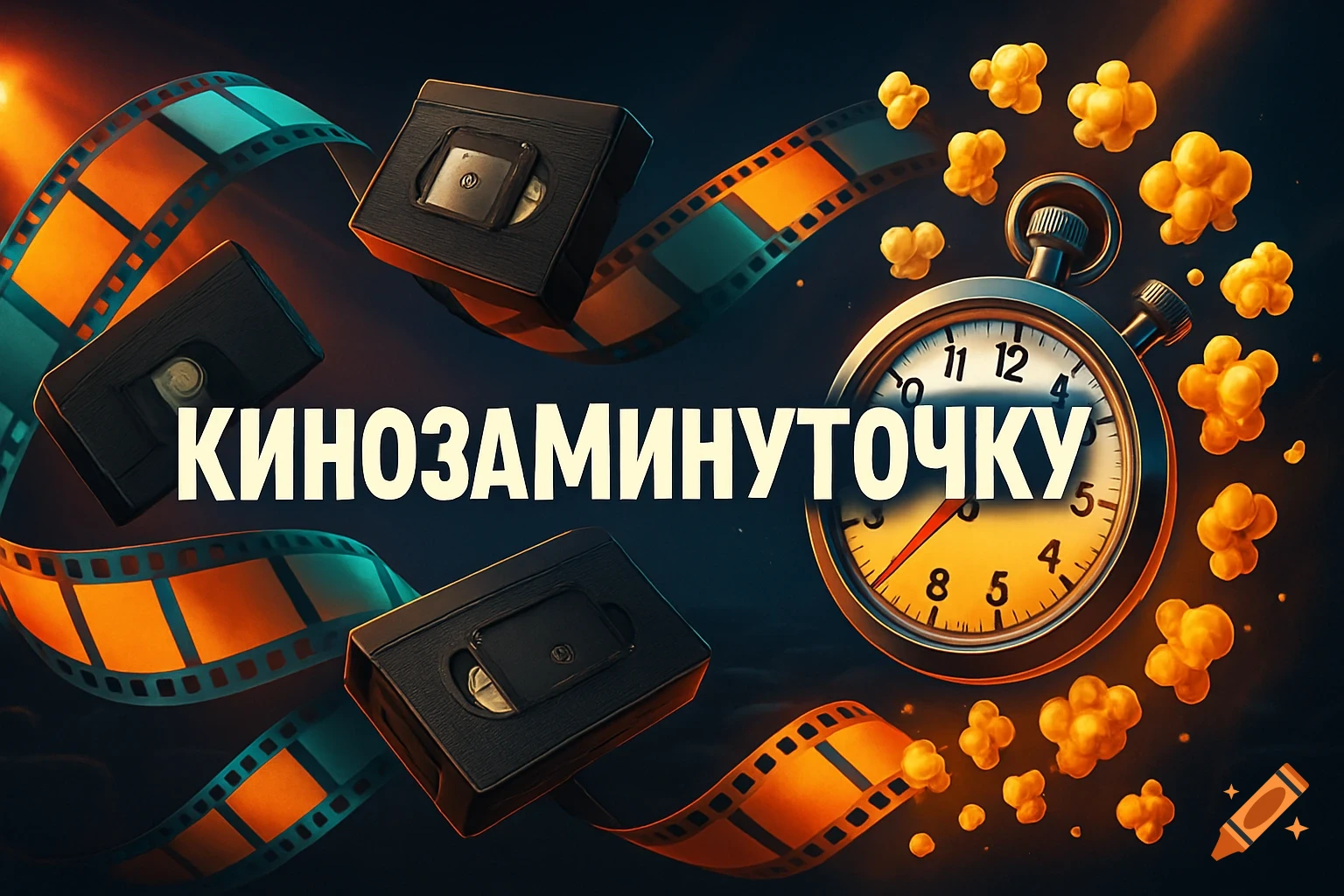 Dynamic illustration of film strips, VHS tapes, popcorn, and a stopwatch surrounding the text 'КИНОЗАМИНУТОЧКУ' on a dark, cinematic background.