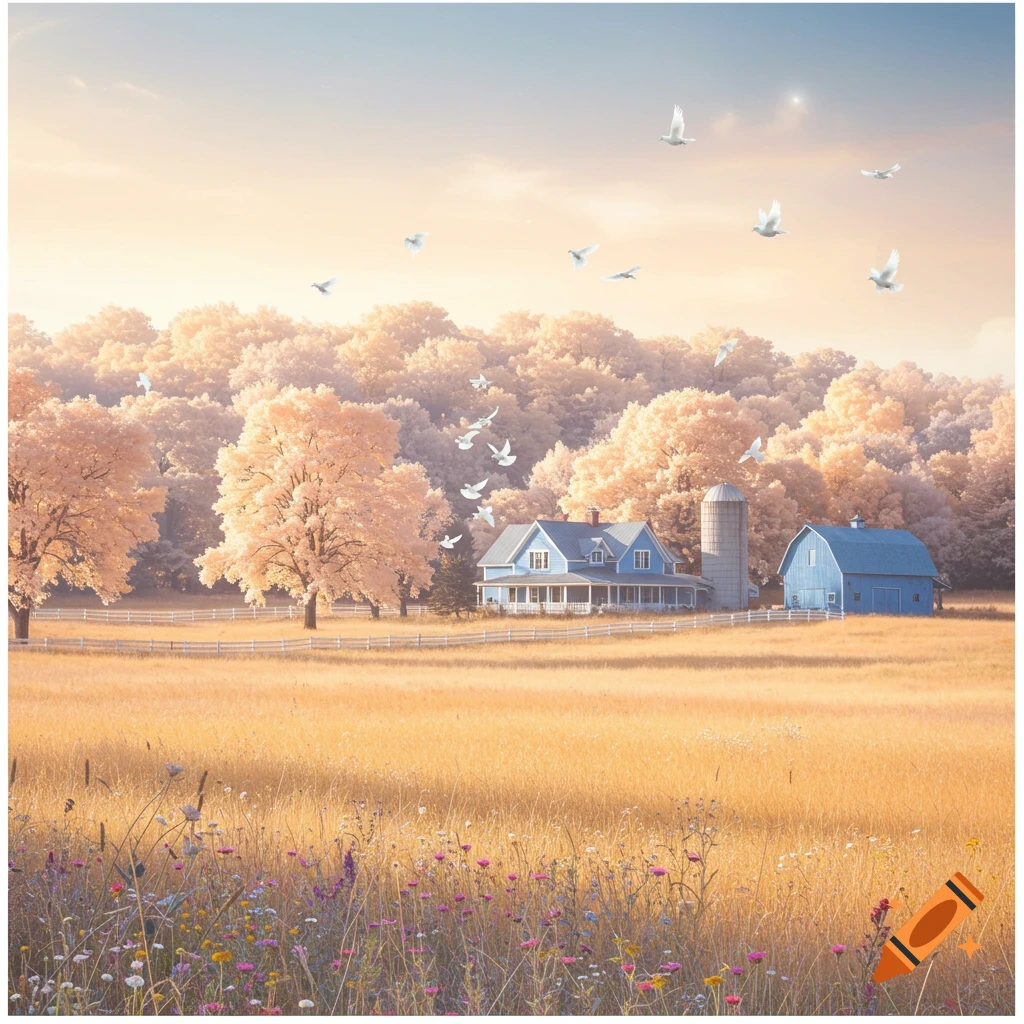 A serene farm scene with a blue house and barn nestled among golden fields and autumn-colored trees under a soft, clear sky, with white doves flying.