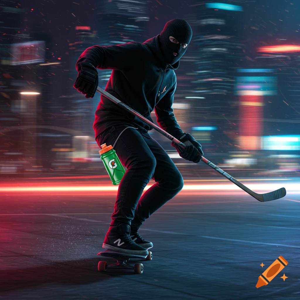 A masked person in all black on a skateboard, holding a hockey stick, with a green Gatorade bottle in a neon-lit city at night.