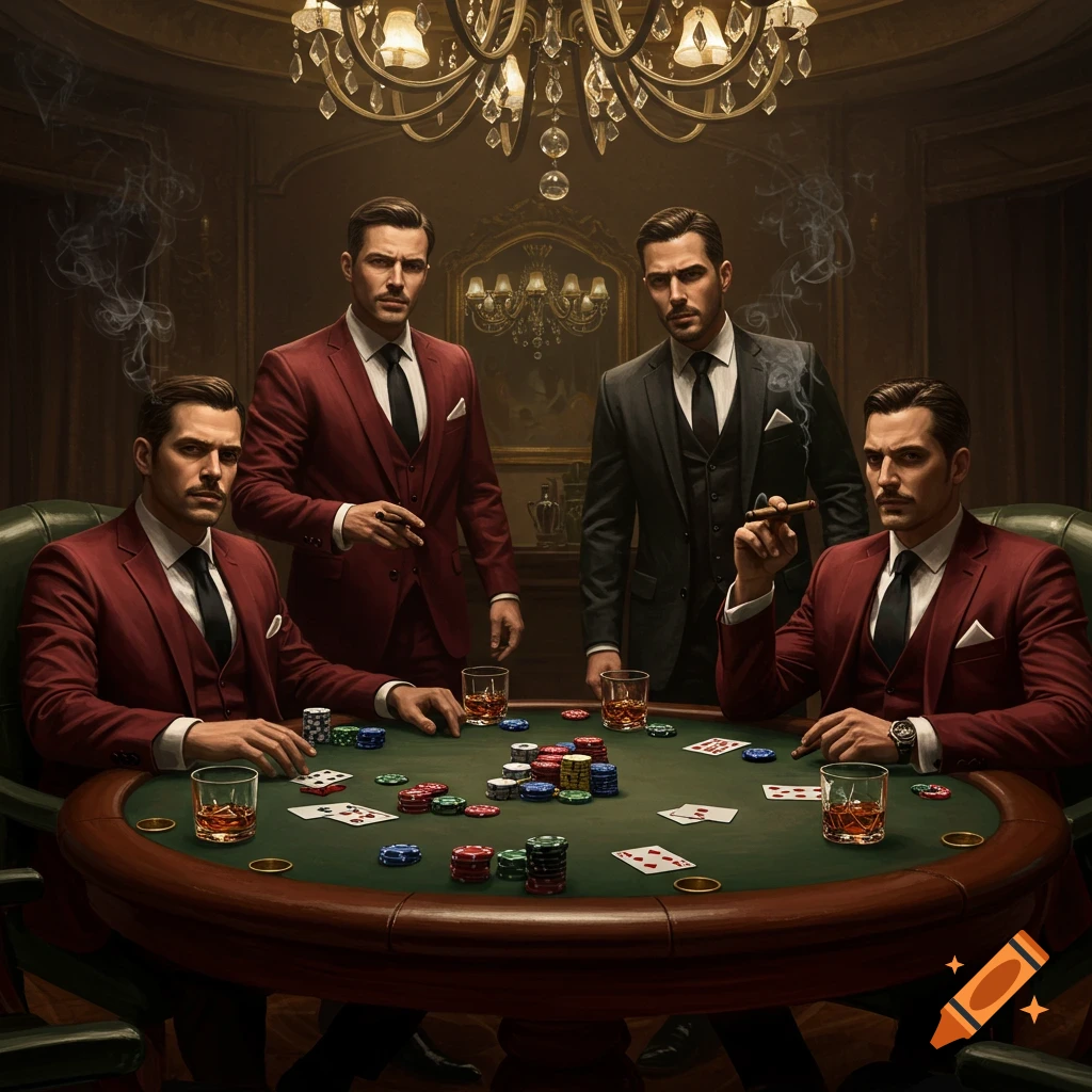 Four men in suits play poker at a dimly lit table, surrounded by cigar smoke. Chips, cards, and drinks are on the table.
