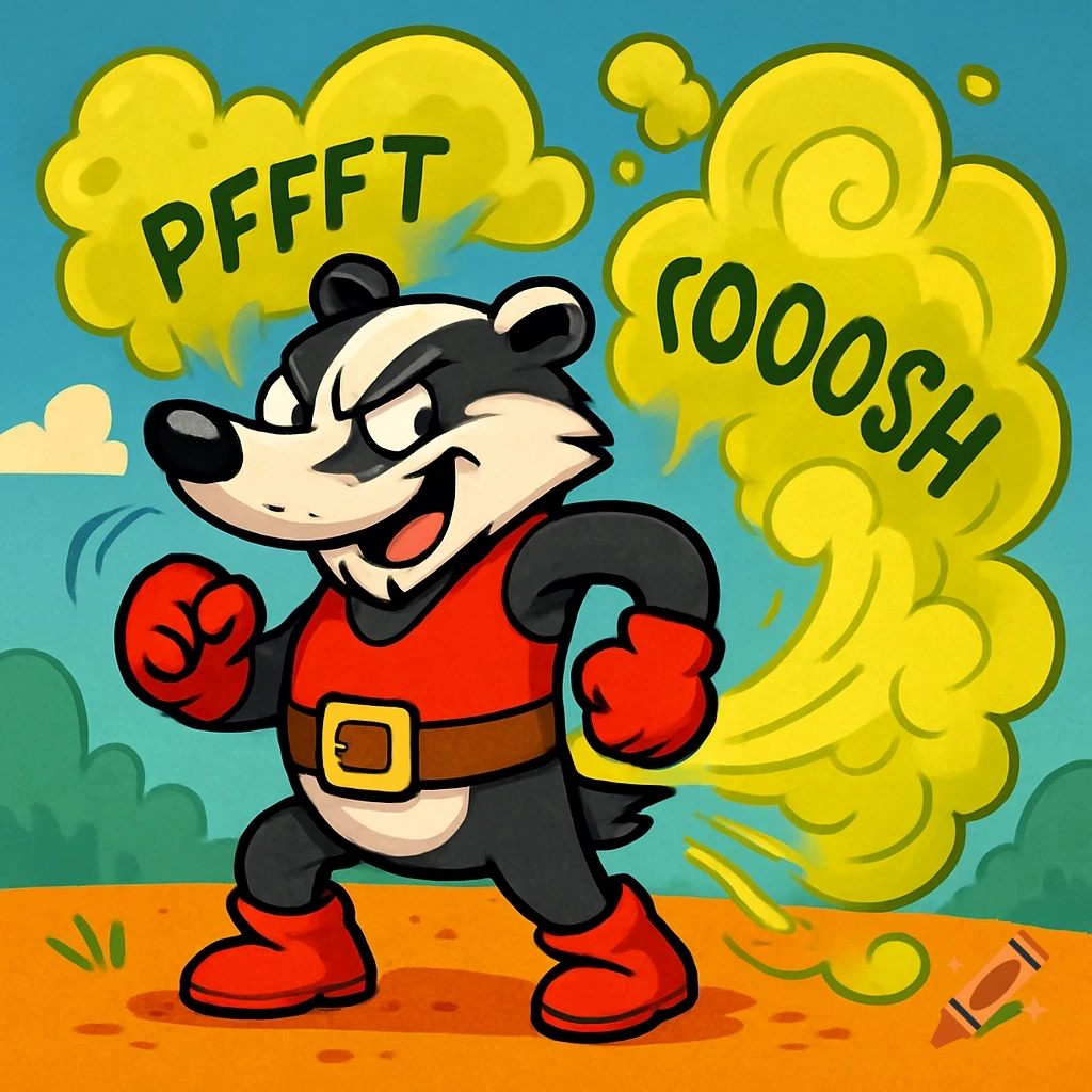 A cartoon badger in a red outfit farts massive yellow fumes with 'PFFFT ...