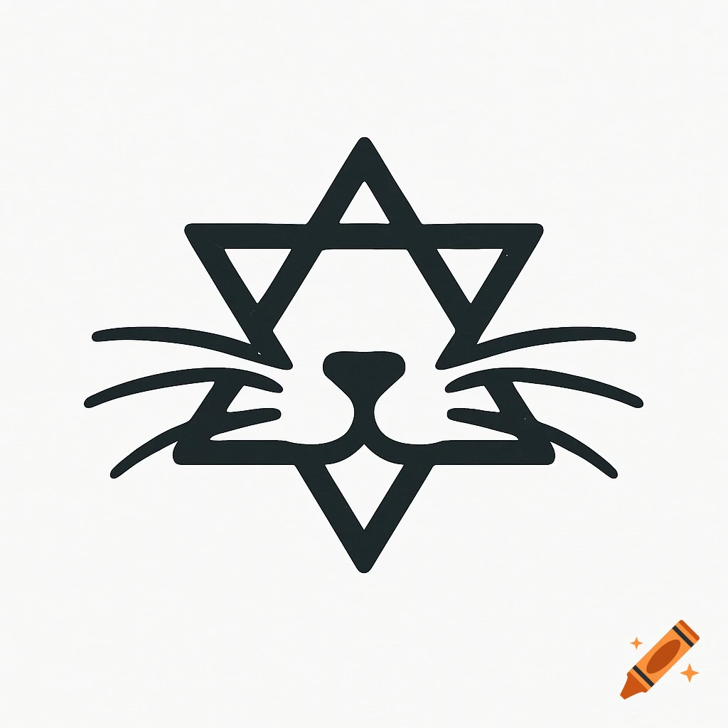 A minimalistic black and white logo featuring a Star of David with cat whiskers and a nose.